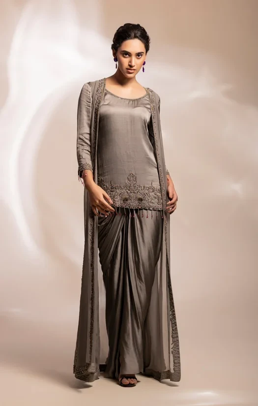 Grey long jacket worn over a lungi wrap skirt and Kurta tunic