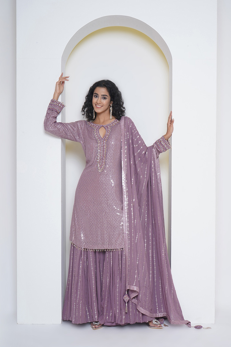 Mauve sequinned shimmer sharara set,embellished with embroidery