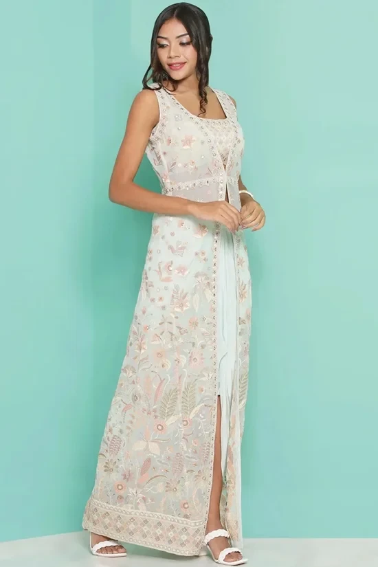 Mint embroidered Jacket with Lungi Skirt