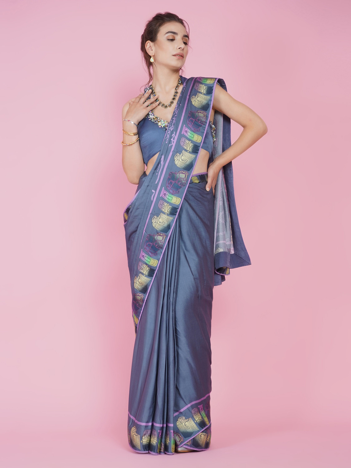 LDN Saree - Icons Border - Grey