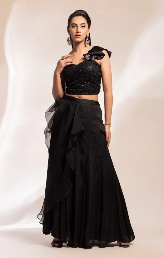 Black trendy ruffle  corset worn with drapel shararara Trouser